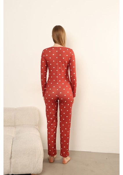 Kırmızı Beyaz Kalp Desenli Uzun Pijama Tulumu
