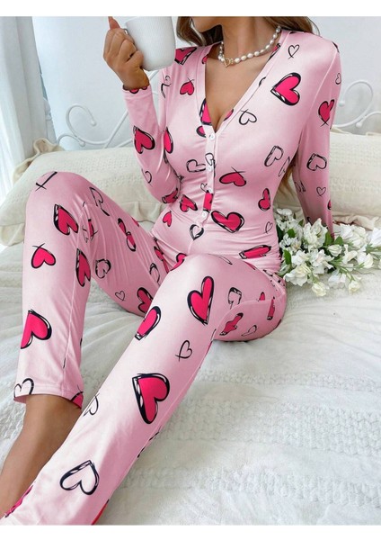 Siyah Kalp Desenli Uzun Pijama Tulum