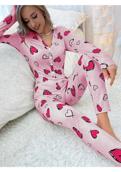 Siyah Kalp Desenli Uzun Pijama Tulum