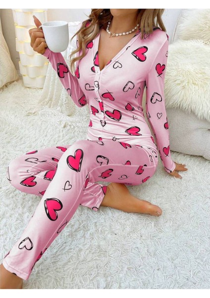 Siyah Kalp Desenli Uzun Pijama Tulum