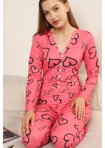 Love Baskı Desenli Uzun Pijama Tulumu