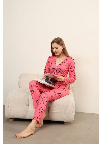 Love Baskı Desenli Uzun Pijama Tulumu