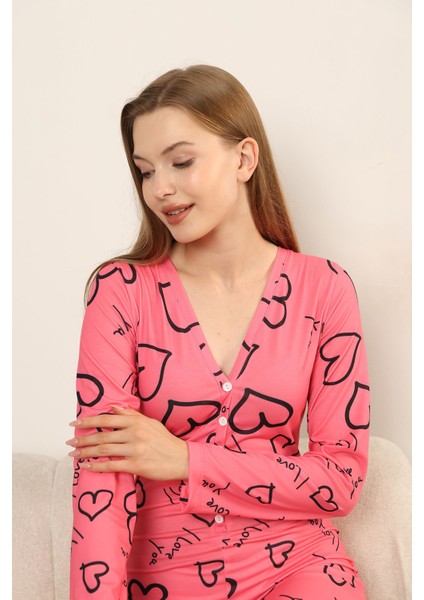 Love Baskı Desenli Uzun Pijama Tulumu