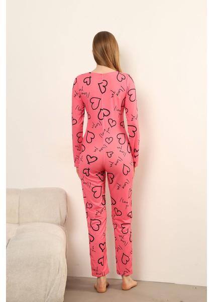 Love Baskı Desenli Uzun Pijama Tulumu
