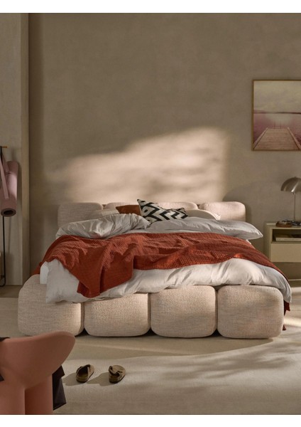 Mode Buklet Döşemeli Karyola 2 Kişilik 160 cm . Baza Başlık Set 02 Bej Bukle Kumaş (Kurulum Dahil)