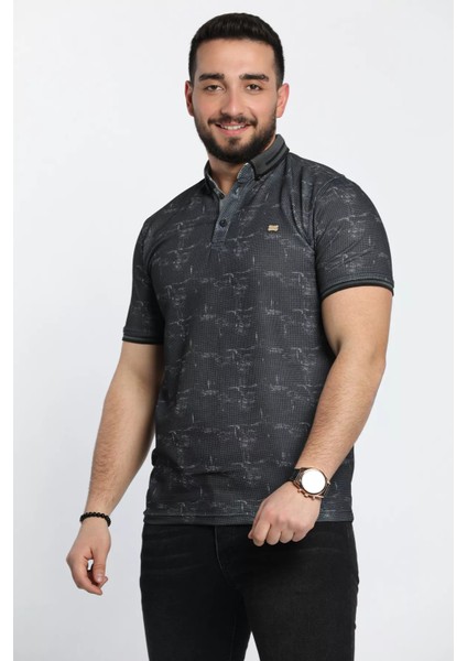 Kendinden Desenli Likralı Polo Yaka Erkek Tişört