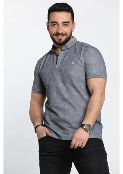 Kendinden Desenli Likralı Polo Yaka Erkek Tişört