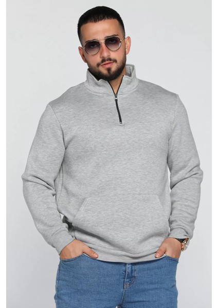 Yarım Fermuarlı Üç Iplik Şardonlu Erkek Sweatshirt