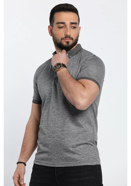 Kendinden Desenli Polo Yaka Ön Düğme Detaylı Erkek Tişört