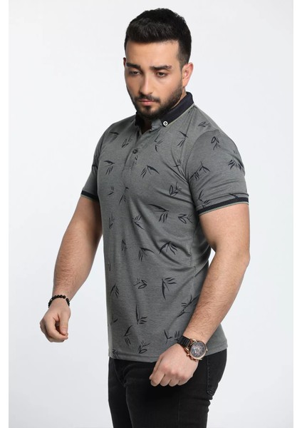 Polo Yaka Desenli Ön Düğmeli Erkek Tişört