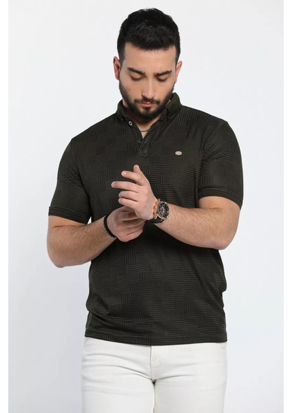 Kendinden Desenli Likralı Erkek Polo Yaka Tişört