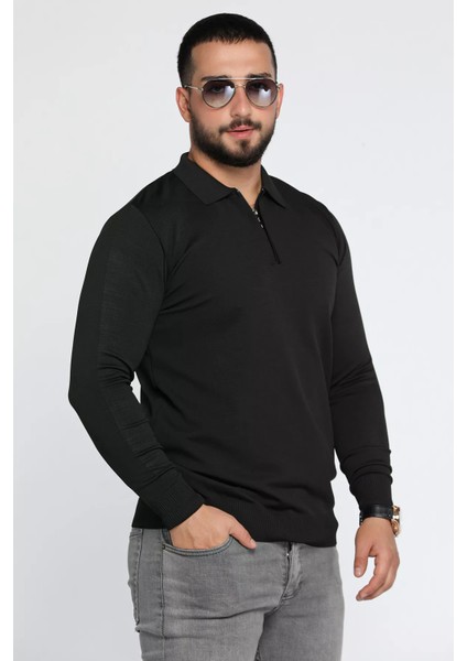 Polo Yaka Yarım Fermuarlı Erkek Triko Kazak