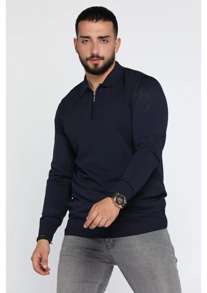 Polo Yaka Yarım Fermuarlı Erkek Triko Kazak P-00013251