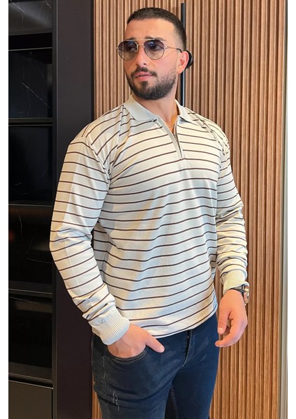 Polo Yaka Yarım Fermuarlı Çizgili Erkek Triko Kazak
