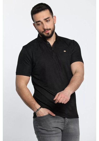 Kendinden Desenli Likralı Erkek Polo Yaka Tişört