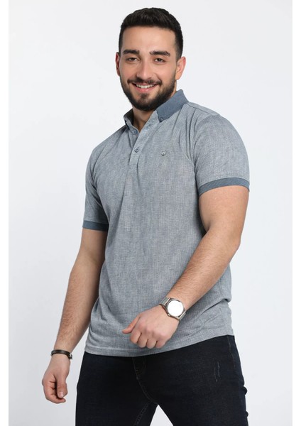 Kendinden Desenli Polo Yaka Erkek Tişört