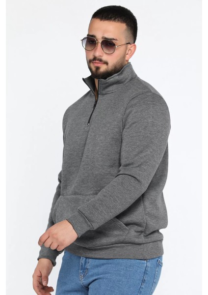 Yarım Fermuarlı Üç Iplik Şardonlu Erkek Sweatshirt