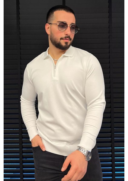 Polo Yaka Yarım Fermuarlı Erkek Triko Kazak