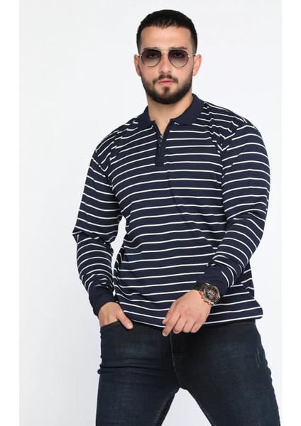 Polo Yaka Yarım Fermuarlı Çizgili Erkek Triko Kazak