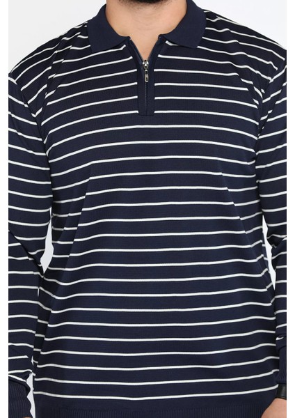 Polo Yaka Yarım Fermuarlı Çizgili Erkek Triko Kazak fırsatları