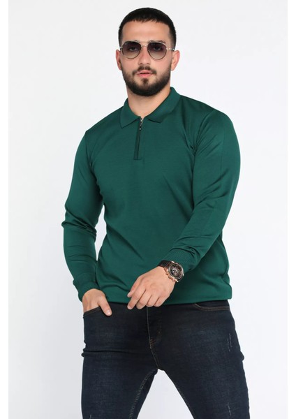 Polo Yaka Yarım Fermuarlı Erkek Triko Kazak