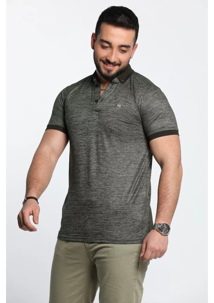 Kendinden Desenli Polo Yaka Ön Düğme Detaylı Erkek Tişört