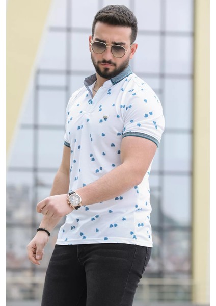 Yaprak Desenli Likralı Erkek Polo Yaka Tişört