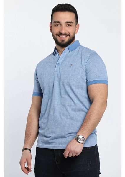 Kendinden Desenli Polo Yaka Erkek Tişört