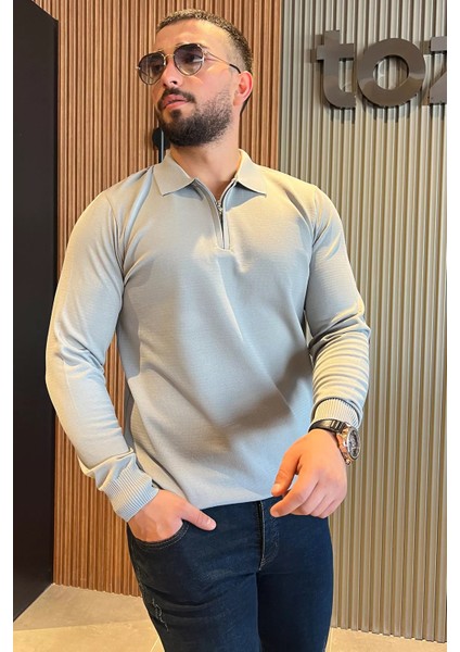 Polo Yaka Yarım Fermuarlı Erkek Triko Kazak