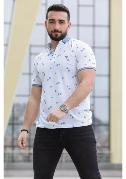 Yaprak Desenli Likralı Erkek Polo Yaka Tişört