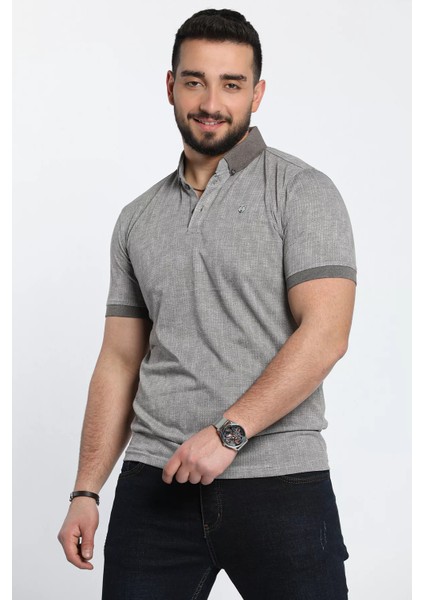Kendinden Desenli Polo Yaka Erkek Tişört