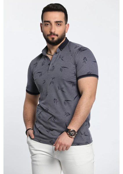 Polo Yaka Desenli Ön Düğmeli Erkek Tişört