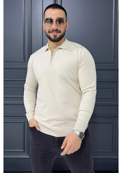 Polo Yaka Yarım Fermuarlı Erkek Triko Kazak