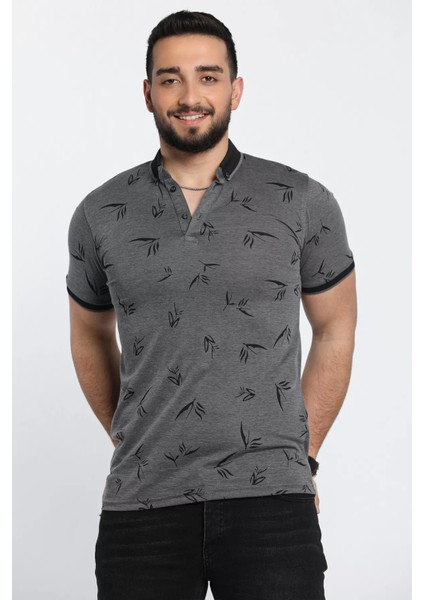 Polo Yaka Desenli Ön Düğmeli Erkek Tişört