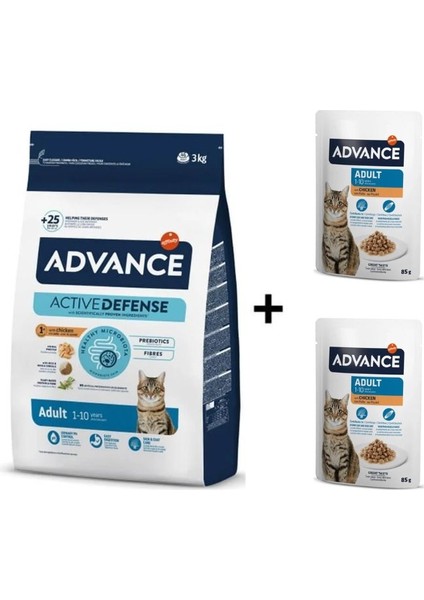 Tavuklu Yetişkin Kedi Maması 3 kg + 2 Adet Tavuklu Yetişkin Kedi Pouch Yaş Maması 85 gr