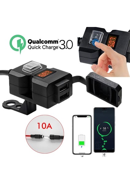 Normal Sürüm Stili Motosiklet Çift USB 12V Su Geçirmez Gidon Dijital Ekran Qca Adaptörü Güç Soketi Splitter Şarj Cihazı Cep Telefonu Için (Yurt Dışından)
