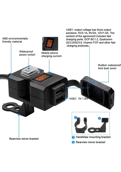 Normal Sürüm Stili Motosiklet Çift USB 12V Su Geçirmez Gidon Dijital Ekran Qca Adaptörü Güç Soketi Splitter Şarj Cihazı Cep Telefonu Için (Yurt Dışından)