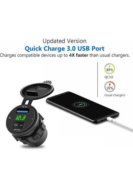Yeşil Stil LED Hızlı Şarj 3.0 USB Araç Şarj Cihazı On-Off Anahtar Soketli Dijital Ekran Voltmetre USB Şarj Soketi Araba Motosiklet Için (Yurt Dışından)