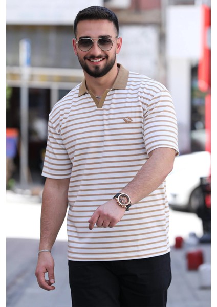Polo Yaka Amblem Nakışlı Çizgi Desenli Likralı Erkek Tişört