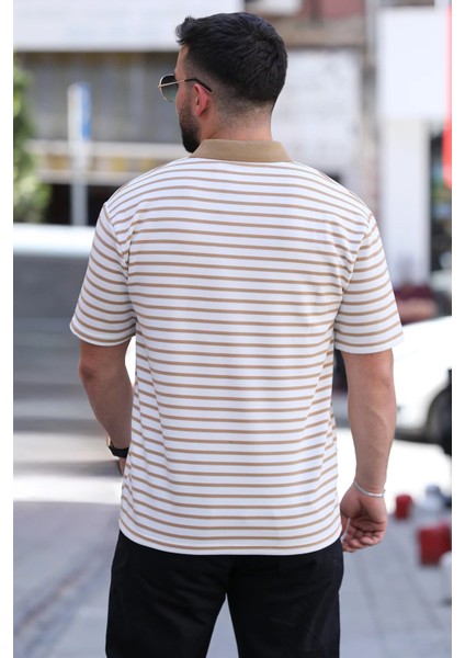 Polo Yaka Amblem Nakışlı Çizgi Desenli Likralı Erkek Tişört fırsatları