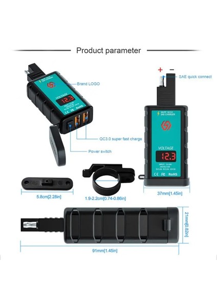 Sae B1 Stili Qcv USB Motosiklet Şarj Cihazı Hızlı Şarj Su Geçirmez Anahtarı Voltmetre ile Sae Fişi USB Tip-C Soket Moto Aksesuarları (Yurt Dışından) fırsatları