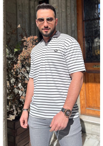 Polo Yaka Amblem Nakışlı Çizgi Desenli Likralı Erkek Tişört