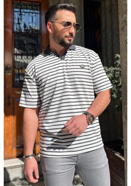 Polo Yaka Amblem Nakışlı Çizgi Desenli Likralı Erkek Tişört fiyatları