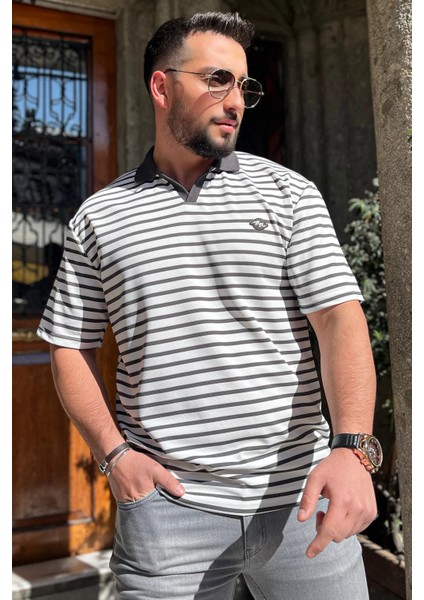 Polo Yaka Amblem Nakışlı Çizgi Desenli Likralı Erkek Tişört modelleri