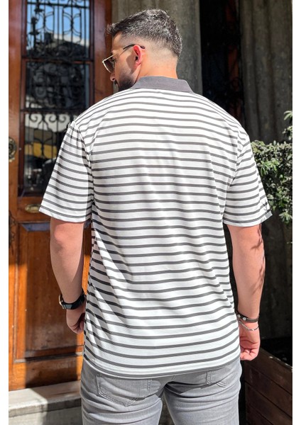 Polo Yaka Amblem Nakışlı Çizgi Desenli Likralı Erkek Tişört fırsatları