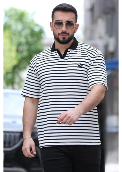 Polo Yaka Amblem Nakışlı Çizgi Desenli Likralı Erkek Tişört