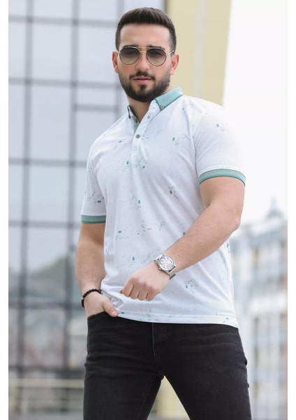 Ön Yarım Düğmeli Desenli Polo Yaka Erkek Tişört