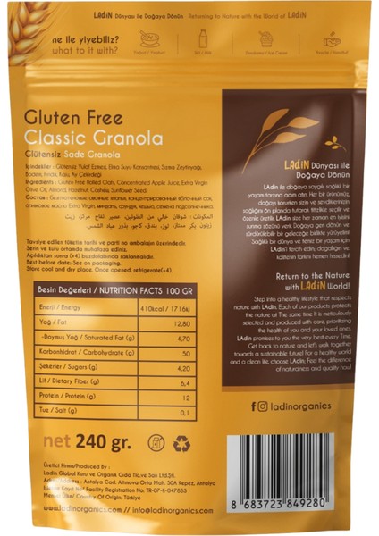 Glütensiz Klasik Granola 240 gr