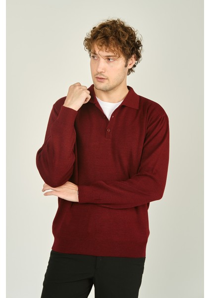 Erkek Polo Yaka Düğmeli Yün Kazak 6091023 D.bordo