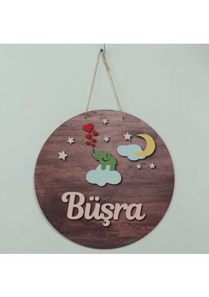 Kırmızı Kalpler Çıkaran Bulut Üstünde Fil Temalı Kişiye Özel Kapı Süsü